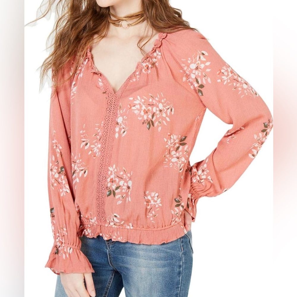 American Rag Coral Floral Peasant Blouse Top Flowy Lightweight